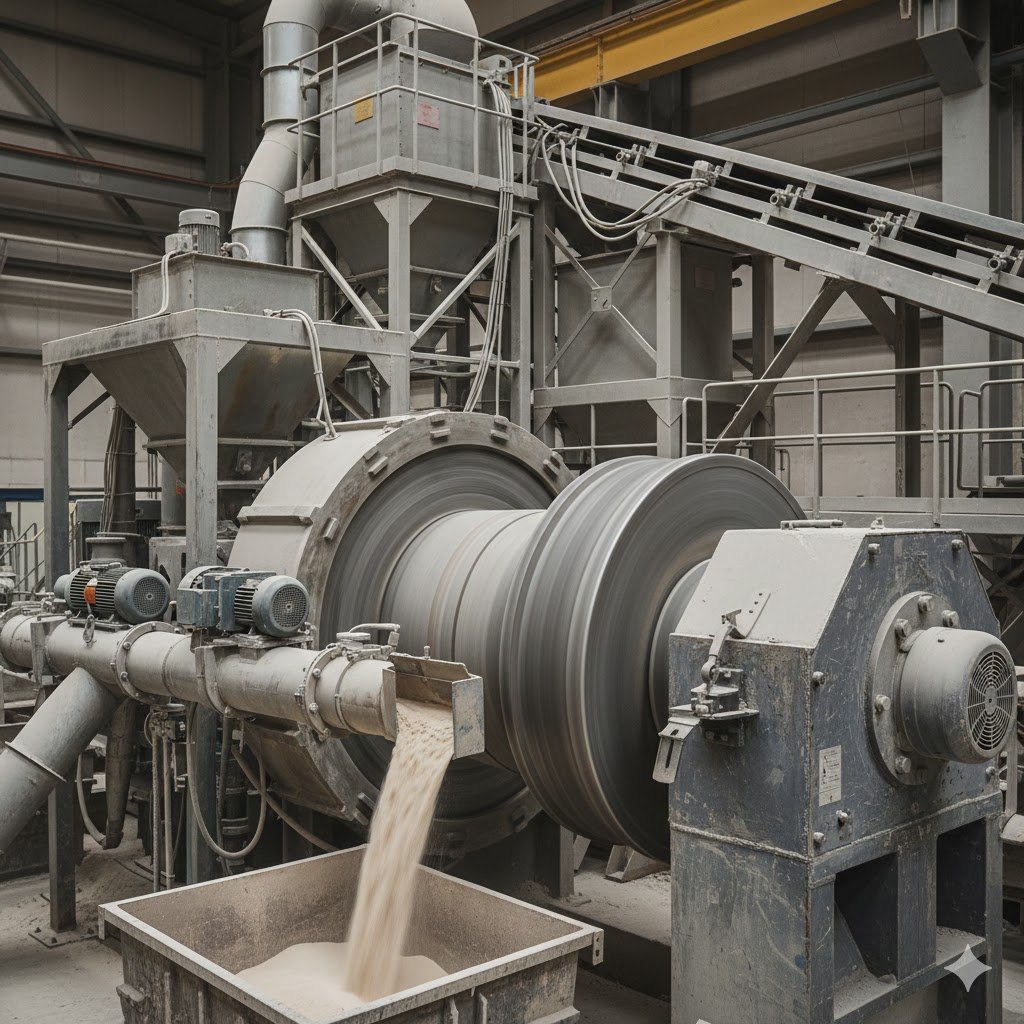 Kaolin powder being processed for use as a mineral filler in plastics and rubber compounds